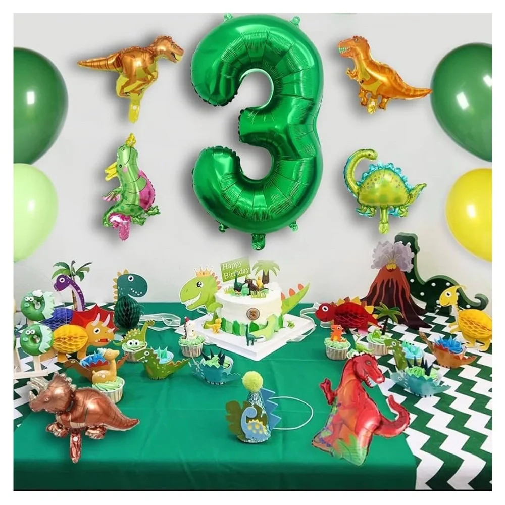 Dinosaur Number # 3,40 Inch Dark Green Foil Balloon and 5 Mini Dinosaurs Balloon